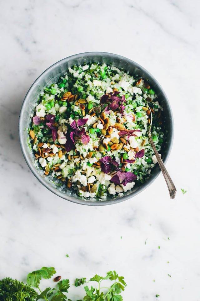 Low-carb Keto Warm Cauliflower Couscous with Green Peas & Herbs.